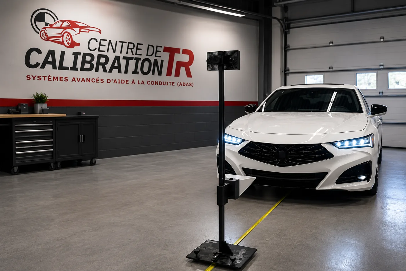 Véhicule blanc face à une cible de calibration radar avant dans l’atelier Centre de Calibration TR